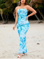 Blue Sea Strapless Ruched Mesh Double Layer Dress