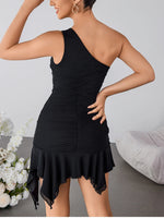 One Shoulder Ruffled Mesh Ruched Dress