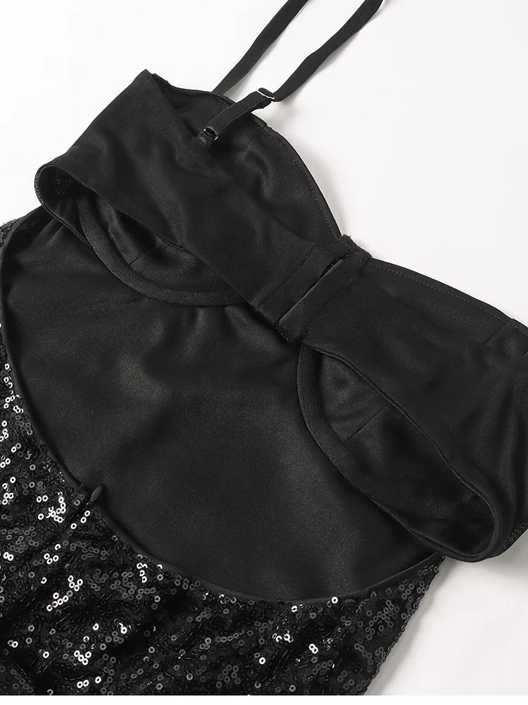Sparkle Sequin Mesh Built-in Cups Double Layer Long Dress