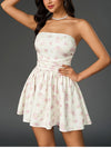 Double Layers Strapless Floral Bow Ruched Mini Dress