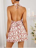 Halter V-Neck Backless Floral Tie Up Dress