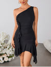 One Shoulder Ruffled Mesh Ruched Dress