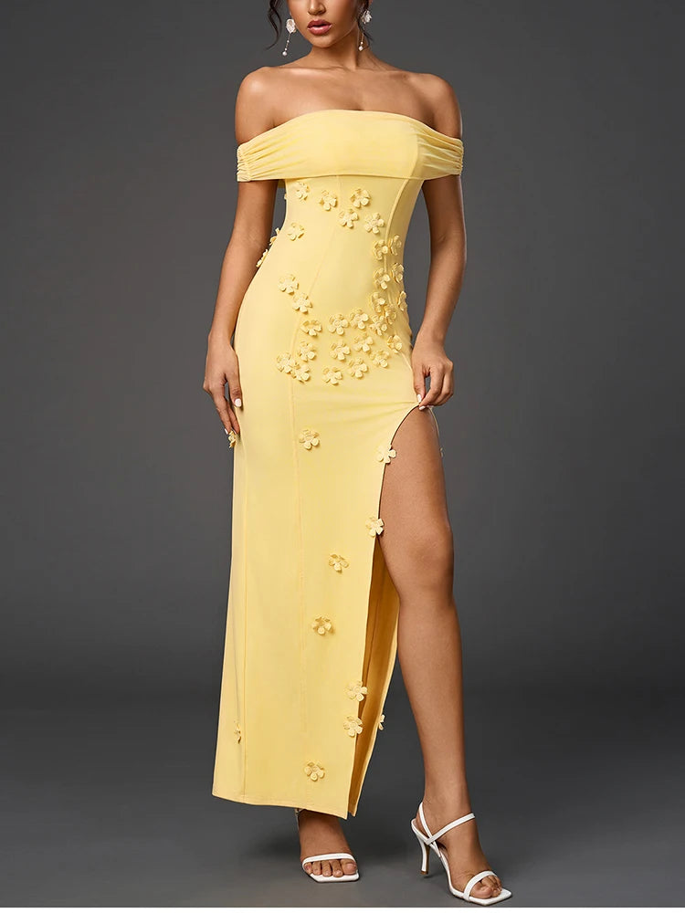 Floral Applique Mesh Off Shoulder Side Slit Dress