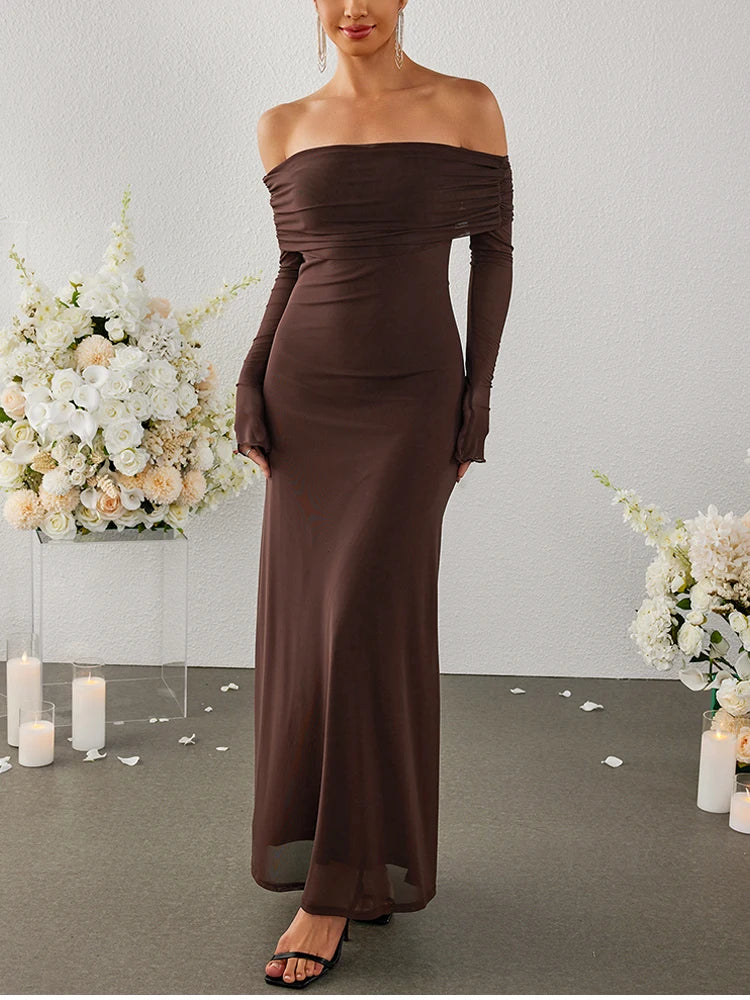 Off-shoulder Mesh Backless Maxi Dress