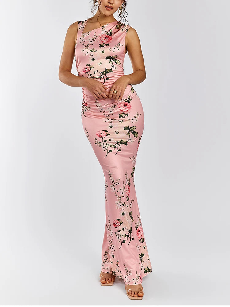 Floral Asymmetric Neck Mermaid Dress