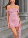 Halter Ruffled Ribbon Hem Ruched Mesh Dress