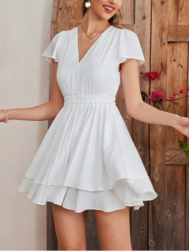 Ruffle Swing Short Sleeve V-Neck Dress