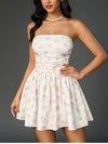 Double Layers Strapless Floral Bow Ruched Mini Dress