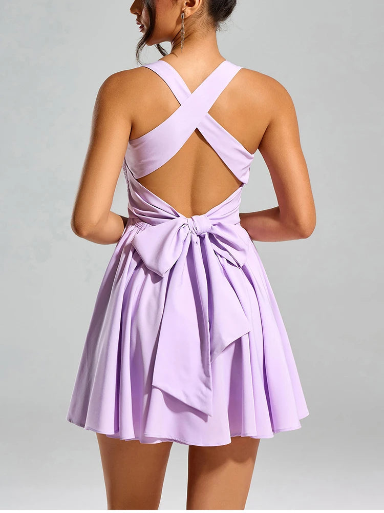 Backless Bow Tie Straps Ruched Short Dress