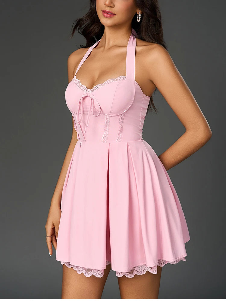 Halter Tie Up Lace Double Layers Ruched Dress