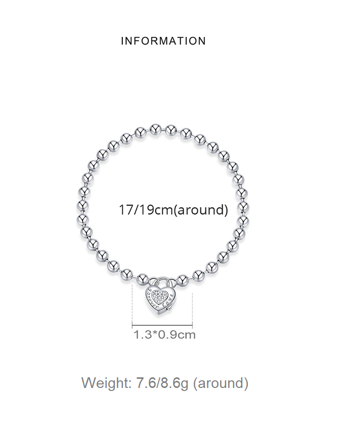 Sterling Silver Bead Chain Zircon Heart Bracelet