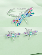 Sterling Silver Dragonfly & Earrings Adjustable Ring