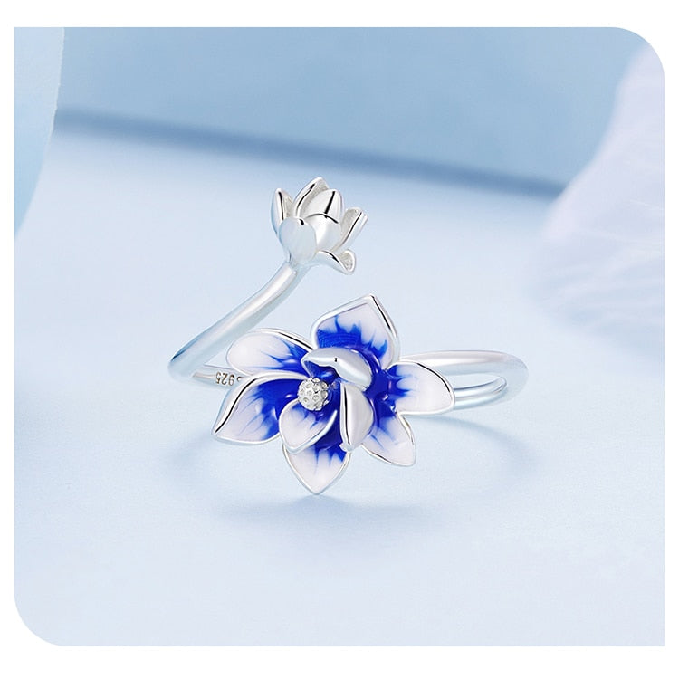 Sterling Silver Blue Lotus Adjustable Ring