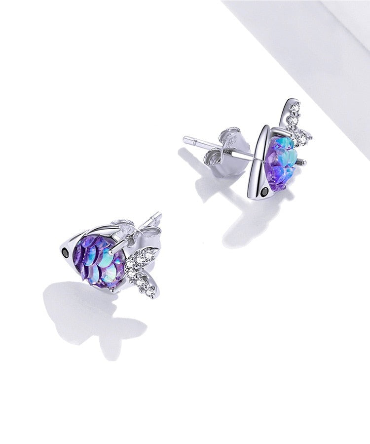 Sterling Silver CZ Colorful Fish Earrings