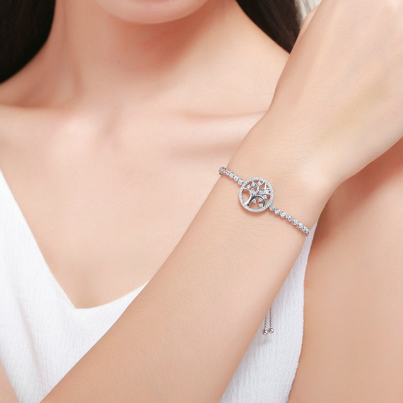 925 Sterling Silver CZ Tree Adjustable Bracelet