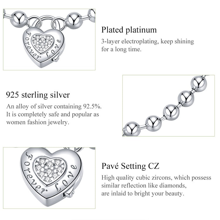 Sterling Silver Bead Chain Zircon Heart Bracelet