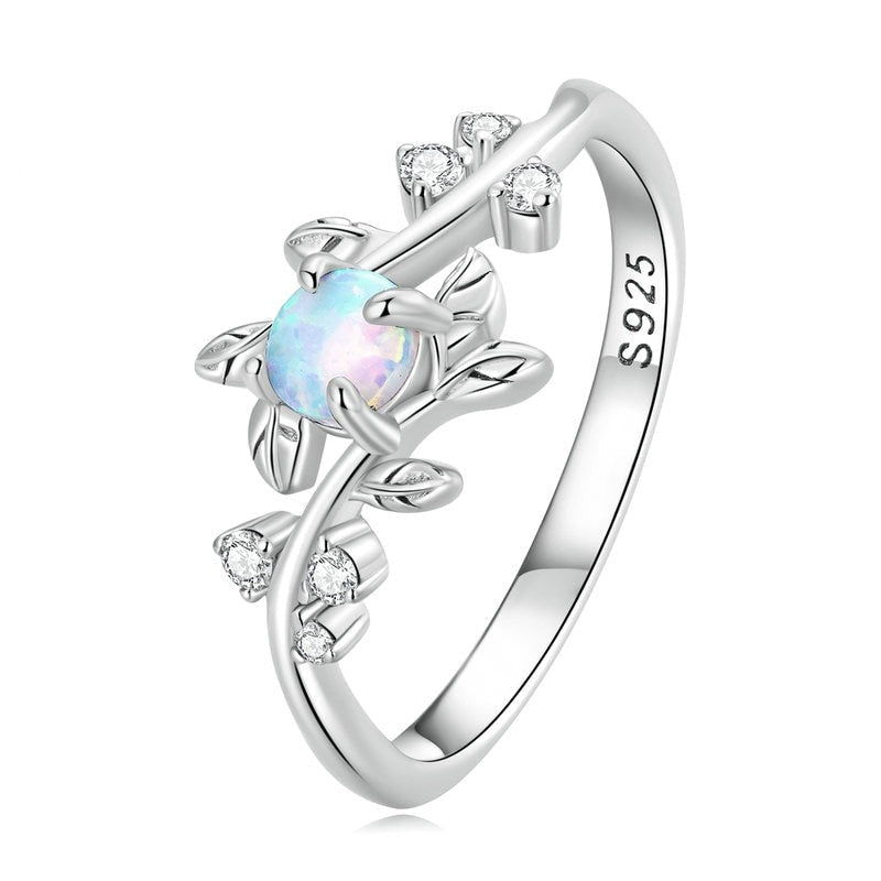 925 Sterling Silver Vine Opal Leaf Zircon Ring