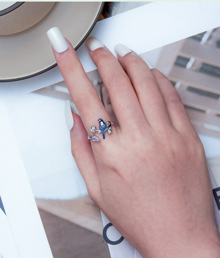 925 Sterling Silver Bird & Flower Open Ring