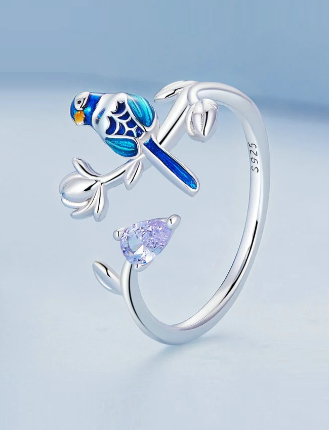 925 Sterling Silver Bird & Flower Open Ring